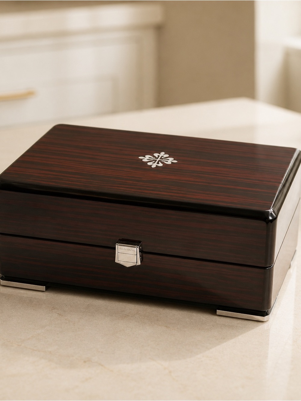 Patek Philippe Brown Wood-Pattern Watch Box with Silver Emblem